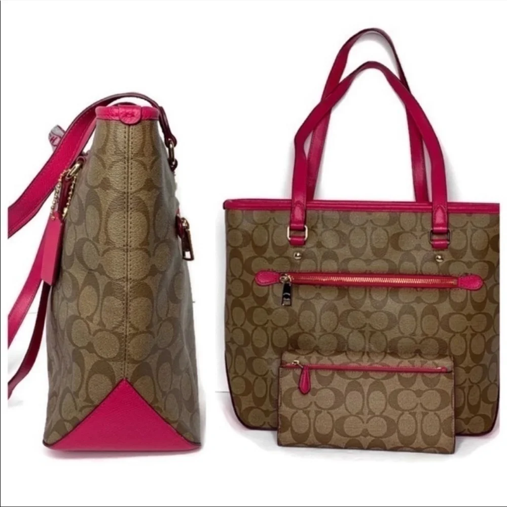 Coach Khaki Brown Pink Signature C Tote Bag Wallet Check Scarf Set 34603 Barbie